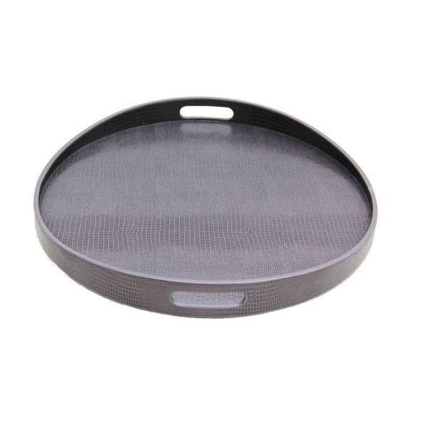 Hand Made Round Serving Tray Aubergine Faux Lizard